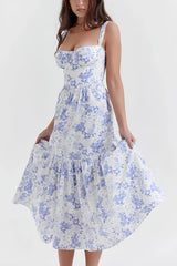 Blue and white floral print maxi corset dress