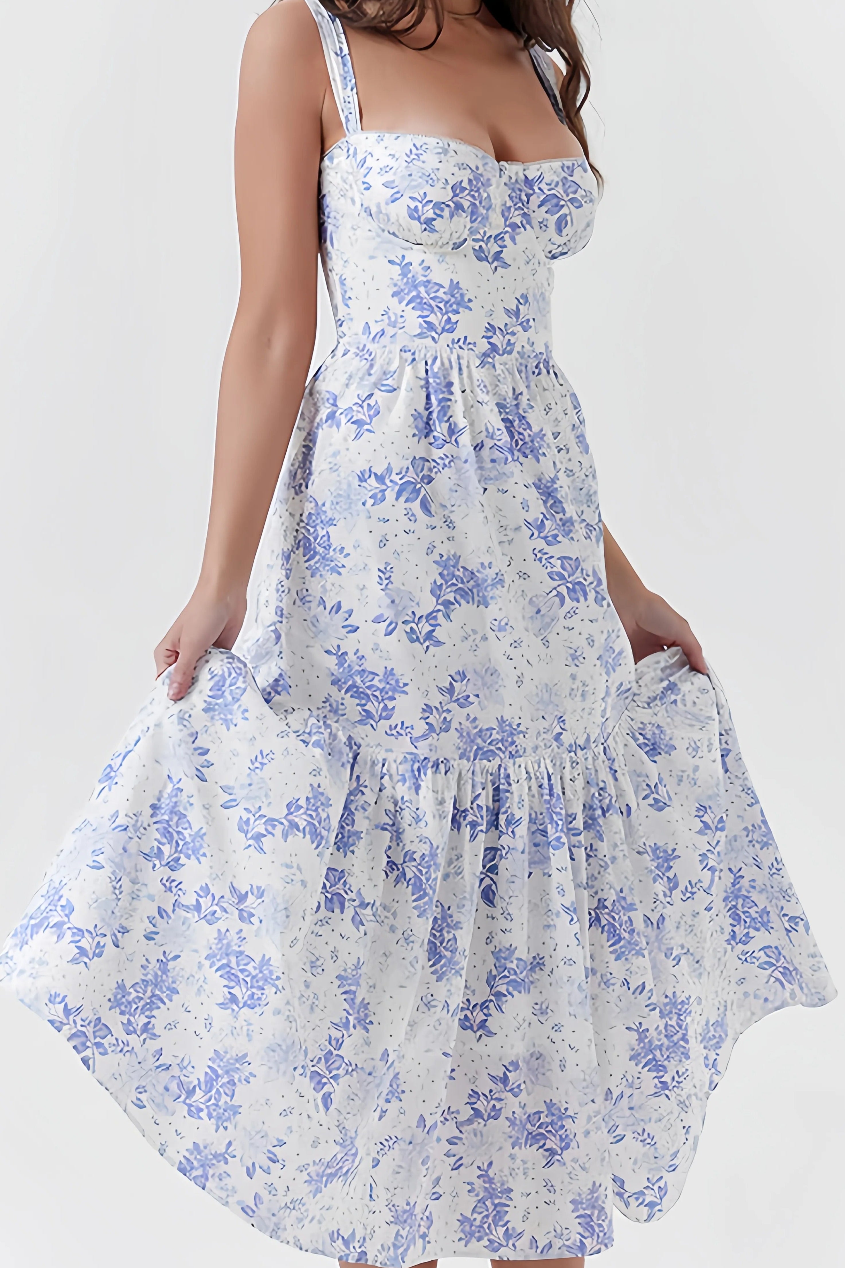 Blue and white floral print maxi corset dress