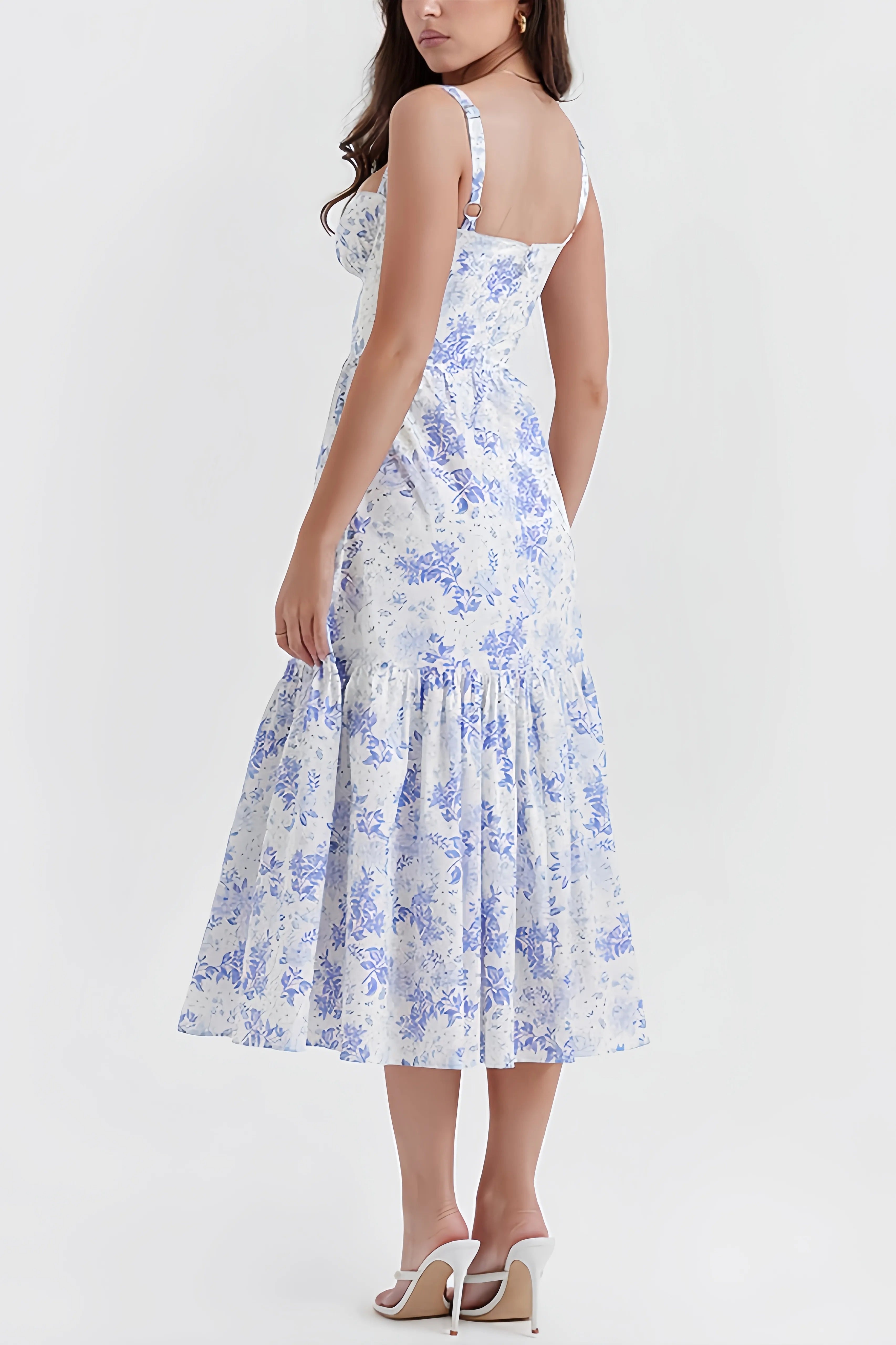 Blue and white floral print maxi corset dress