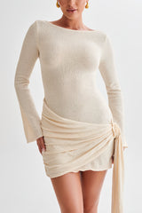 Cream boat-neck mini dress with side-tied drape