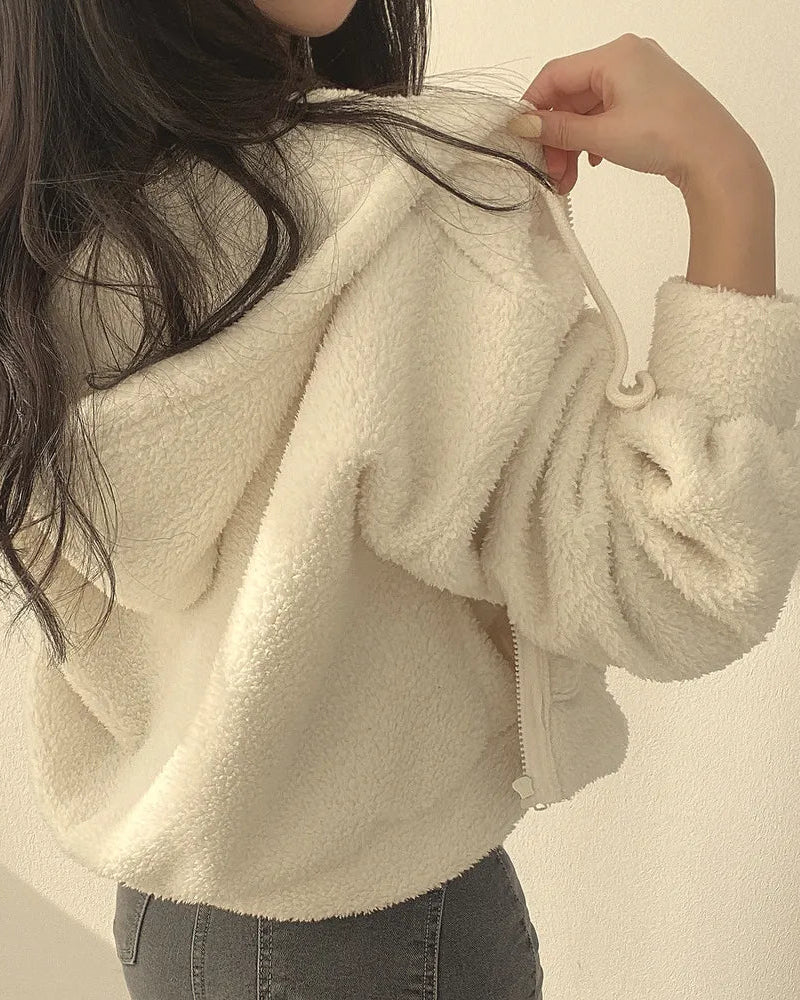 Teddy hoodie with zip, cropped fit