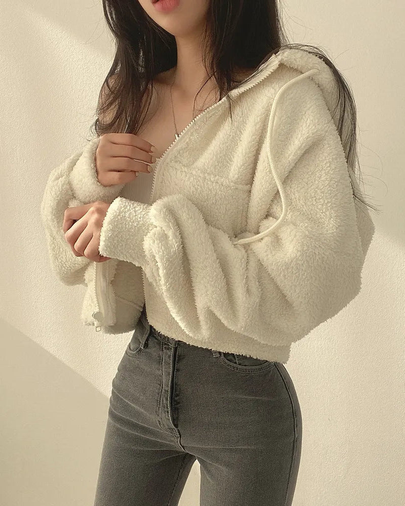 Teddy hoodie with zip, cropped fit