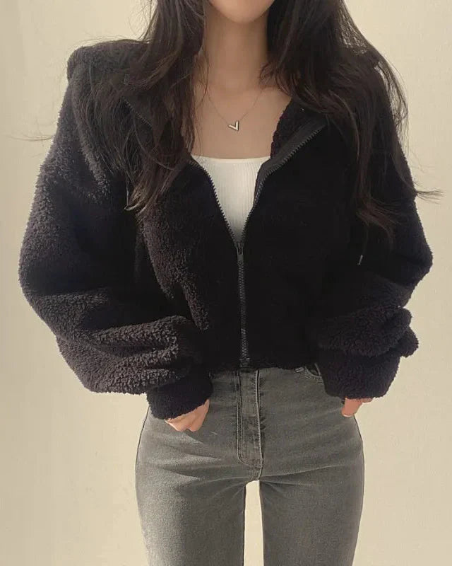 Teddy hoodie with zip, cropped fit