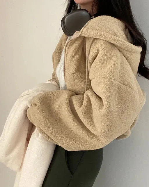 Teddy hoodie with zip, cropped fit