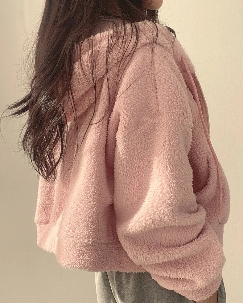 Teddy hoodie with zip, cropped fit