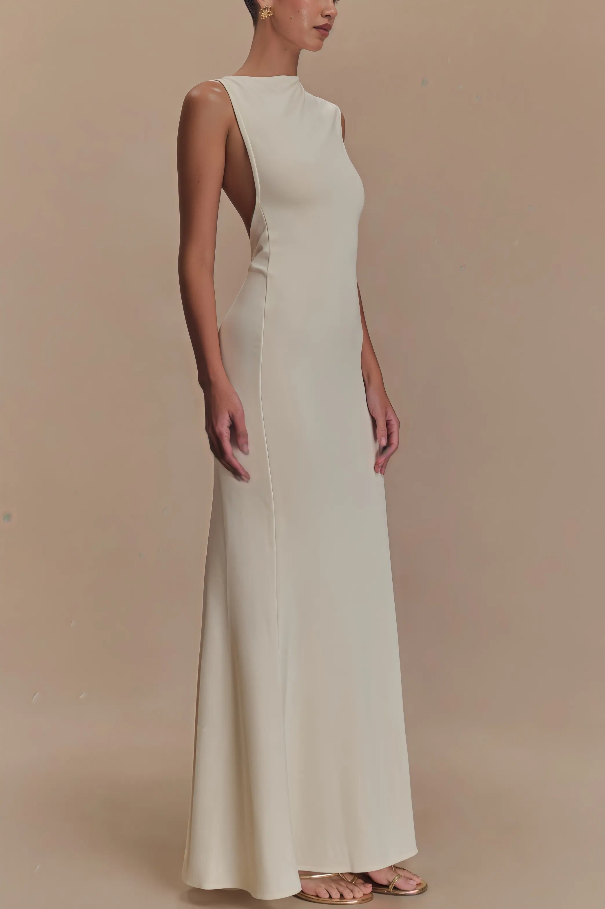 Cream sleeveless maxi dress with high neck