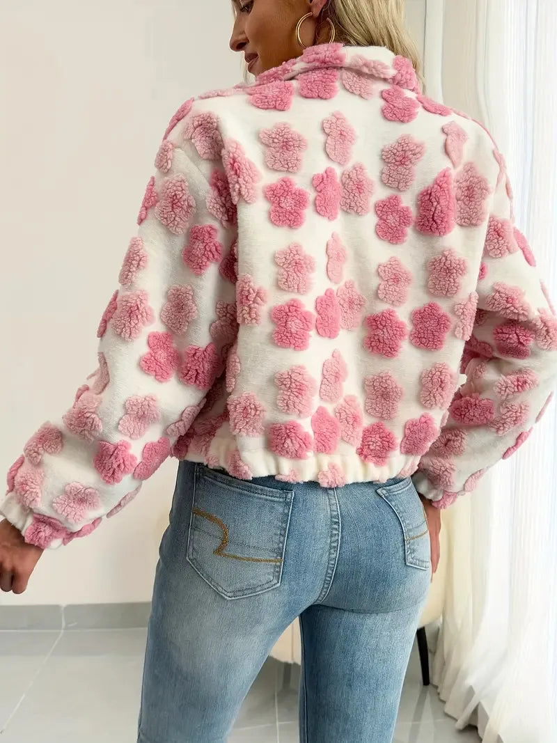 Floral short teddy jacket with zipper