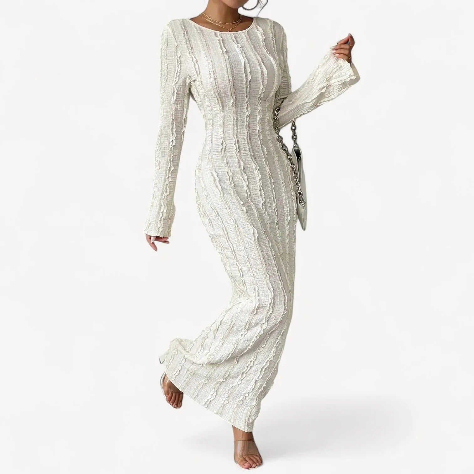 Long white dress with structured pattern