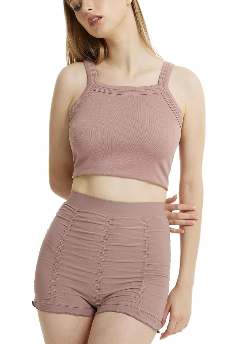 High-waisted ruched ruffle corrective shorts
