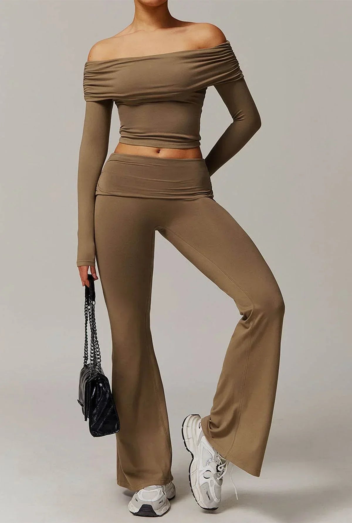 Off-the-shoulder set with flared pants