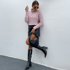 Rosa stickad tröja med polokrage