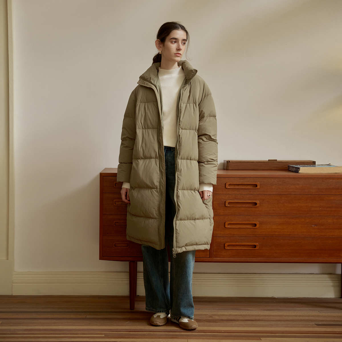 Long quilted coat with stand-up collar