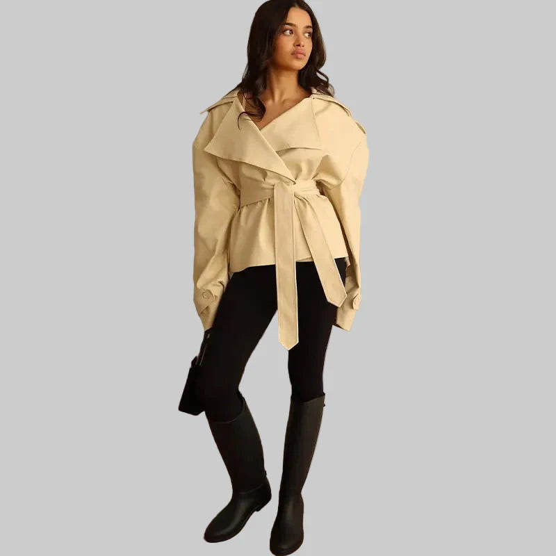 Wrap jacket with wide lapels and tie belt