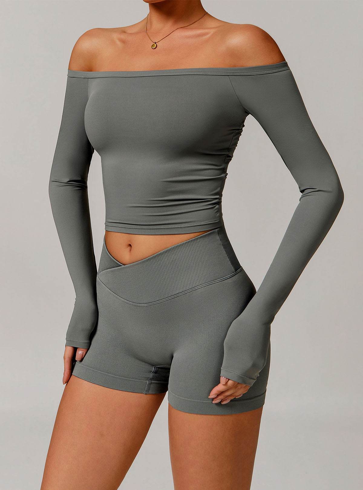 Off-the-shoulder long-sleeved sports top