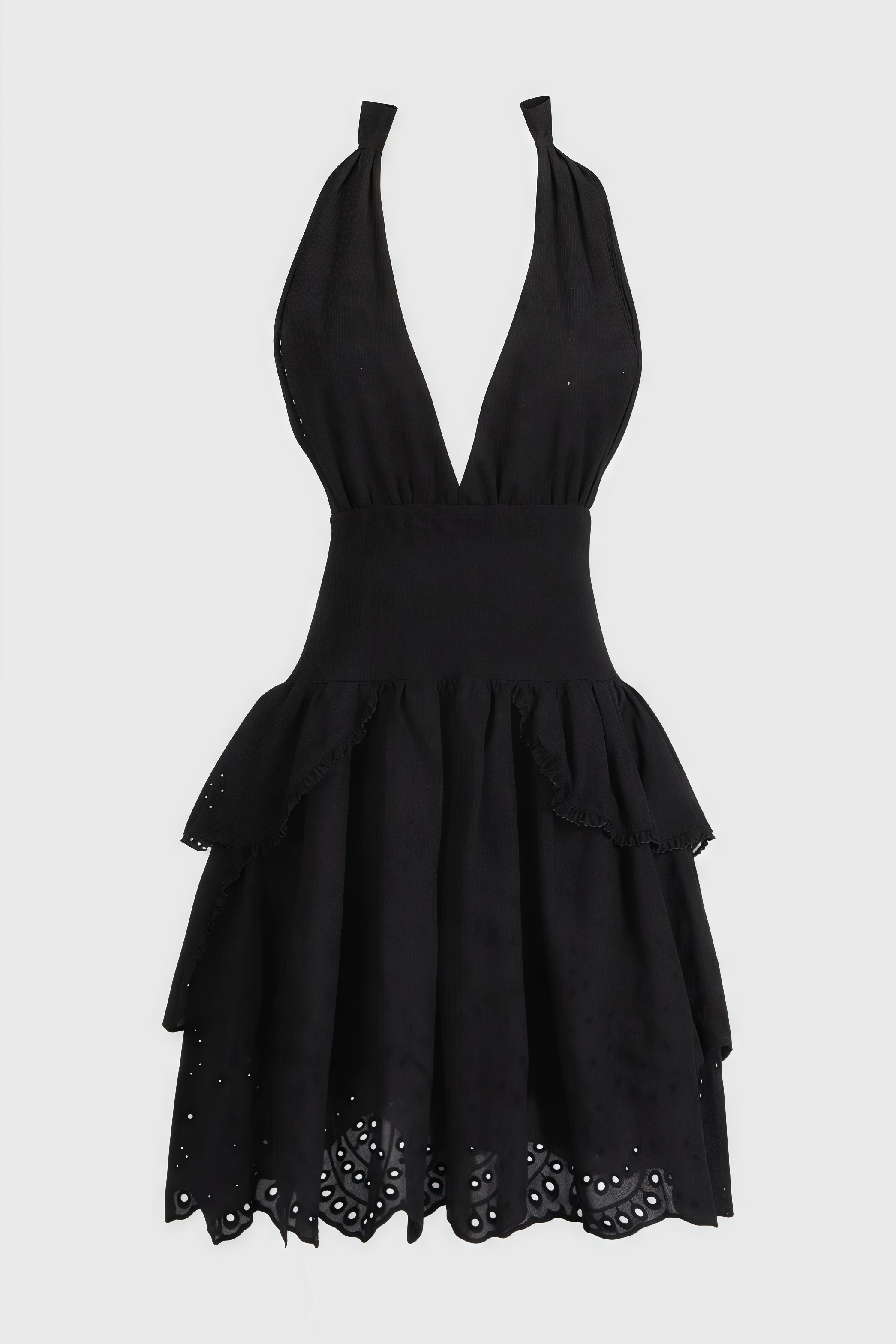 Black backless dress with embroidered ruffled skirt