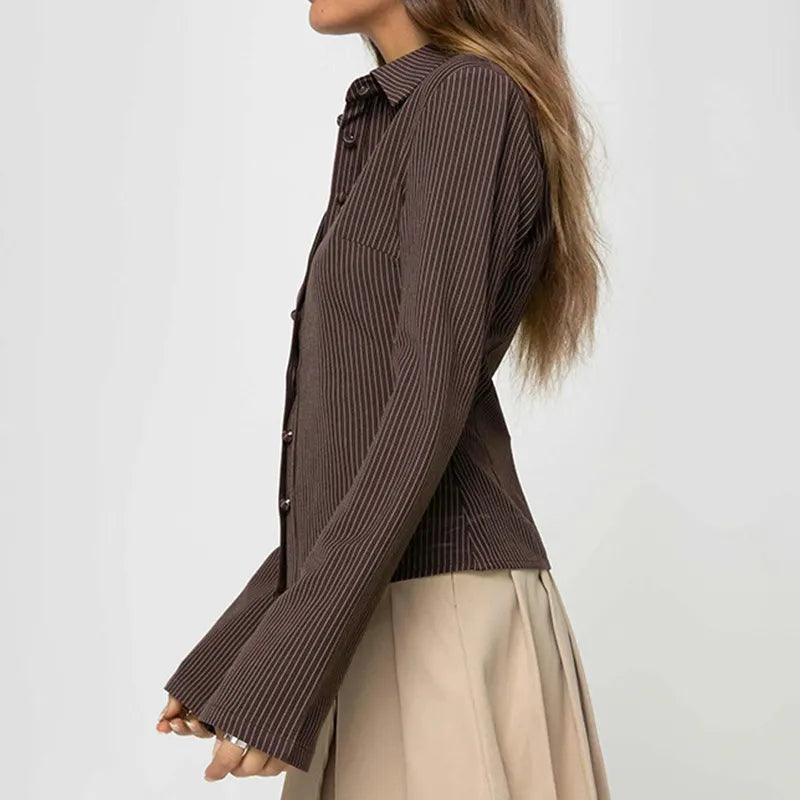 Chocolate brown pinstripe shirt with bell sleeves