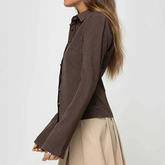 Chocolate brown pinstripe shirt with bell sleeves