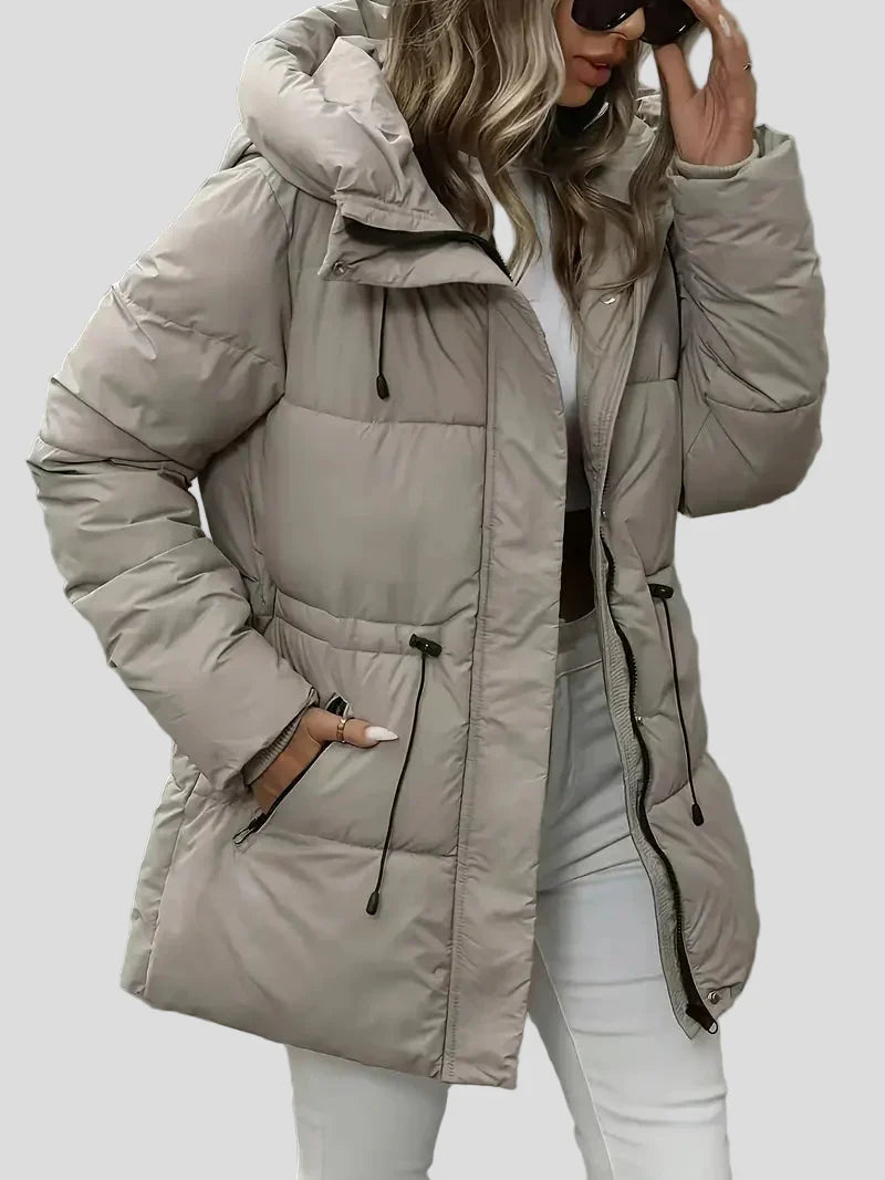 Taupe padded parka with hood – adjustable waist