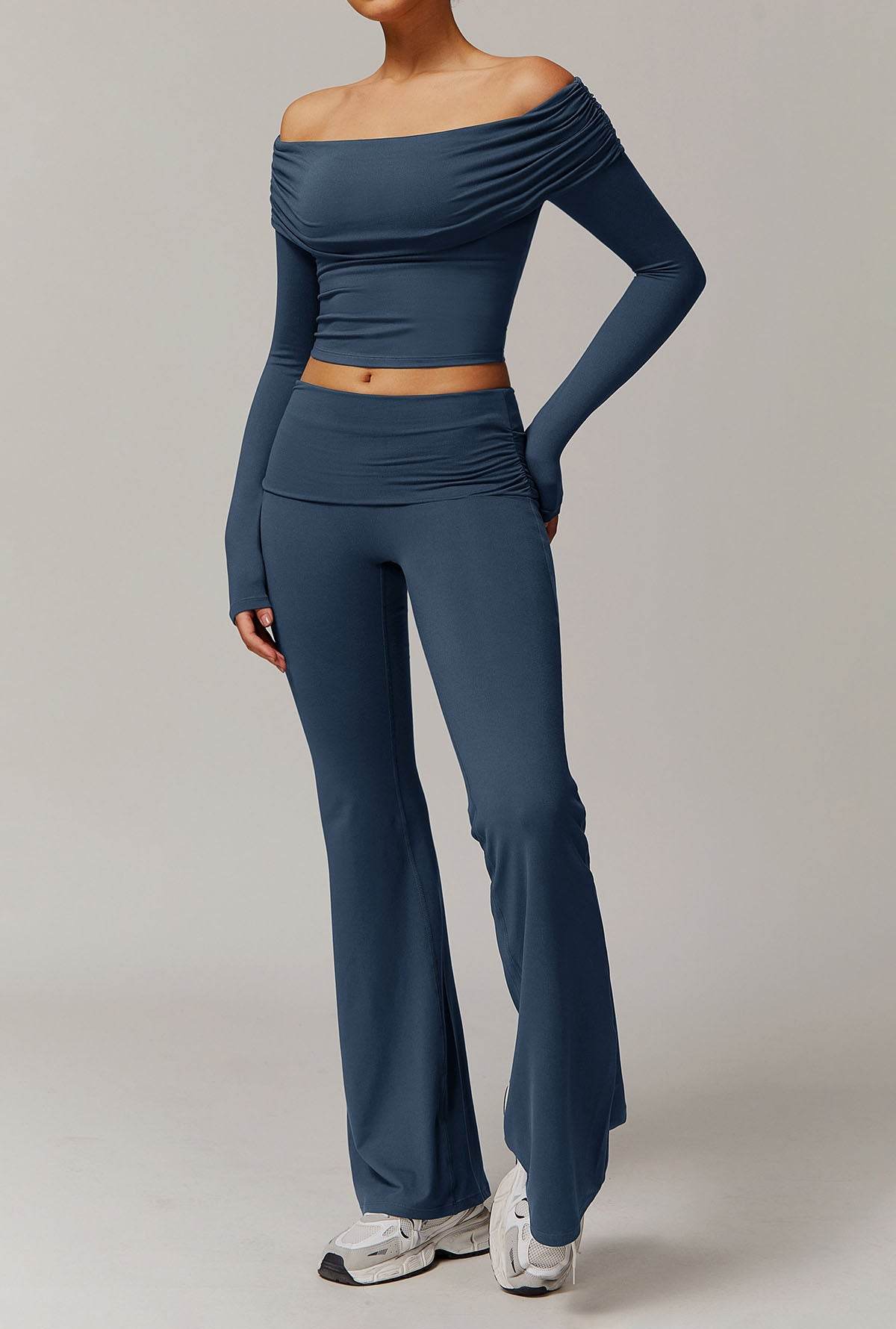 Off-the-shoulder set with flared pants