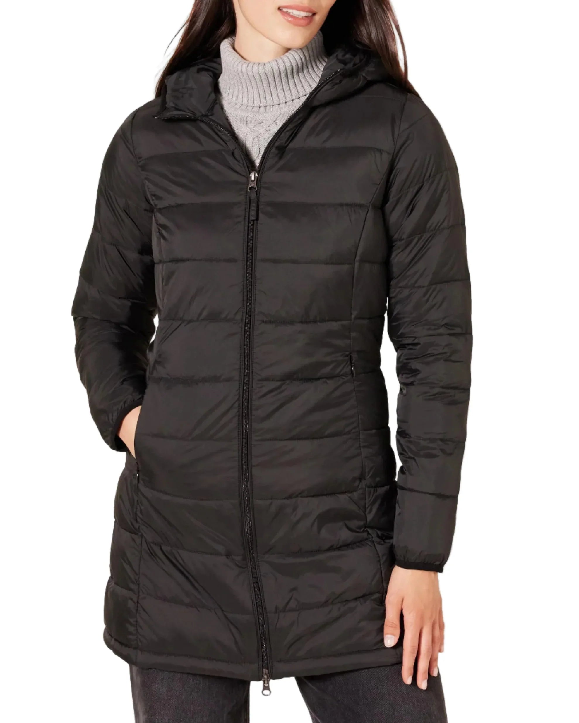 Long puffer jacket with hood – slim fit