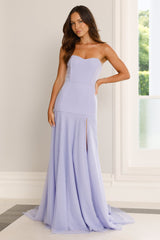 Light purple strapless maxi dress with slit