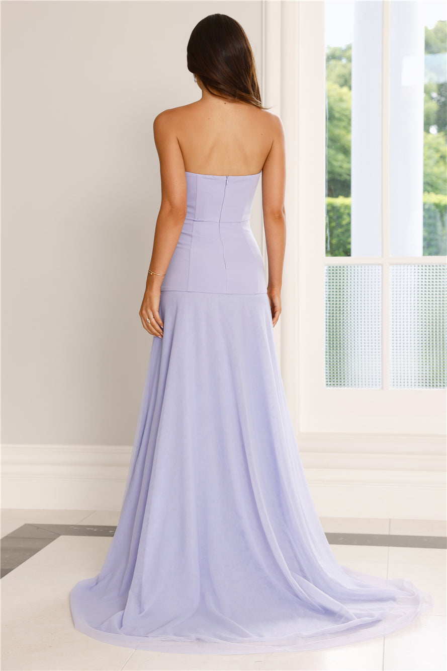 Light purple strapless maxi dress with slit