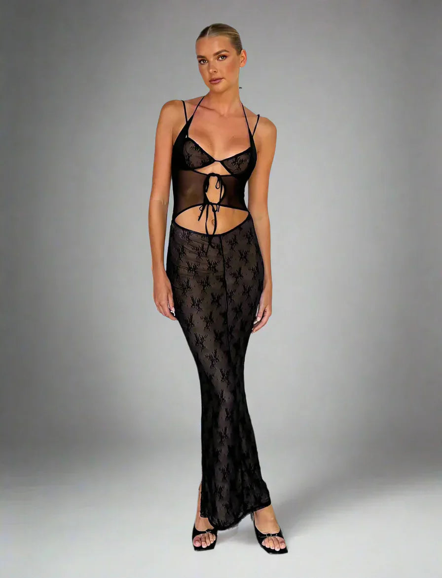 Lyxig transparent långklänning med utskärning