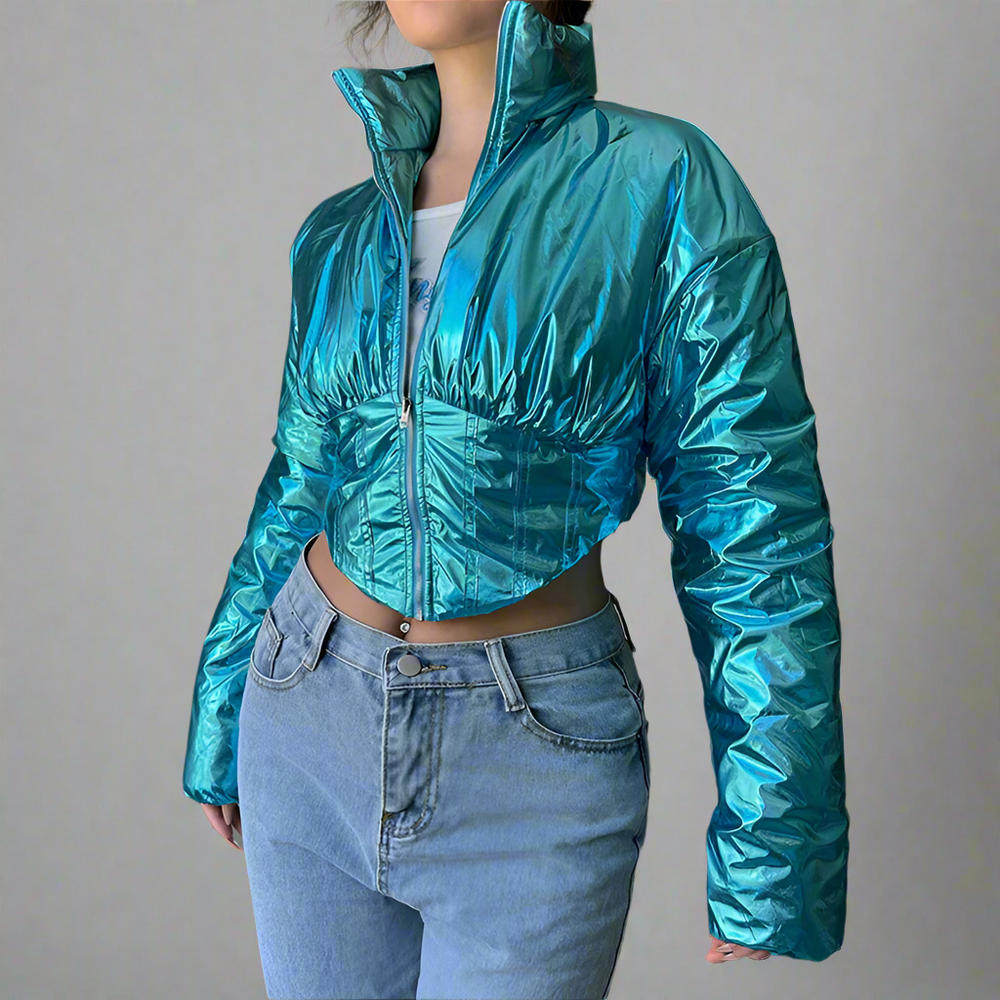 Midjeformande metallblå jacka