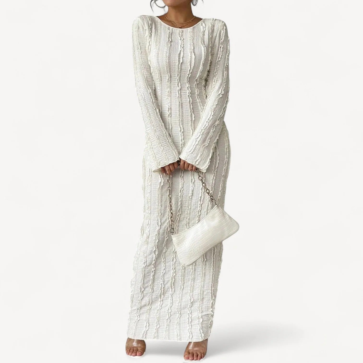 Long white dress with structured pattern