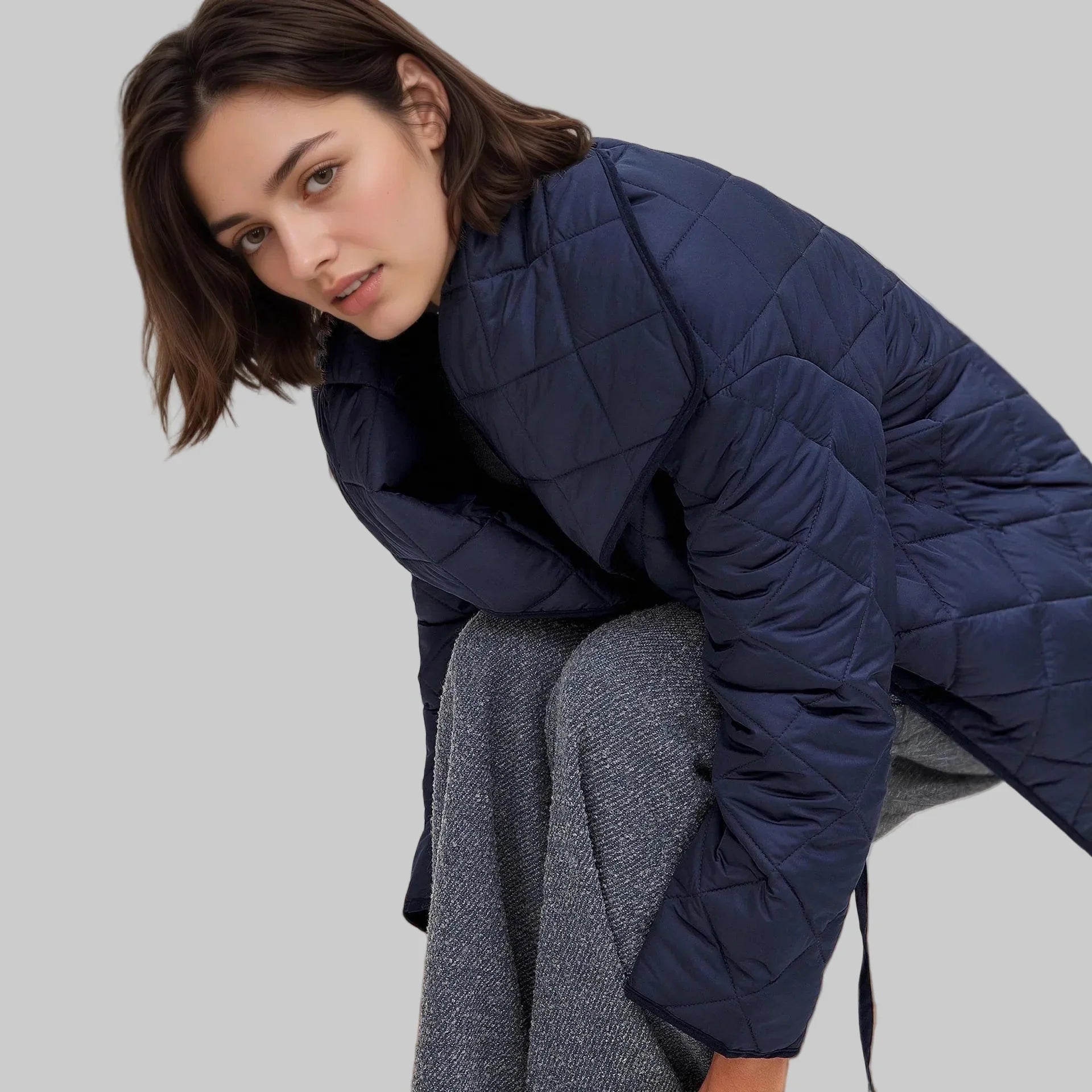 Navy quilted jacket with oversized shawl collar