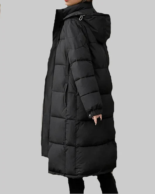 Long puffer coat with hood and high collar