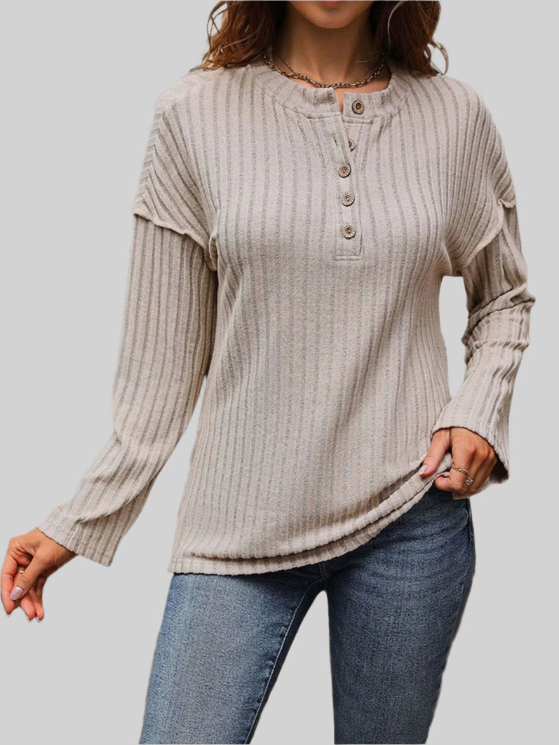 Tanfärgad randig långärmad T-shirt