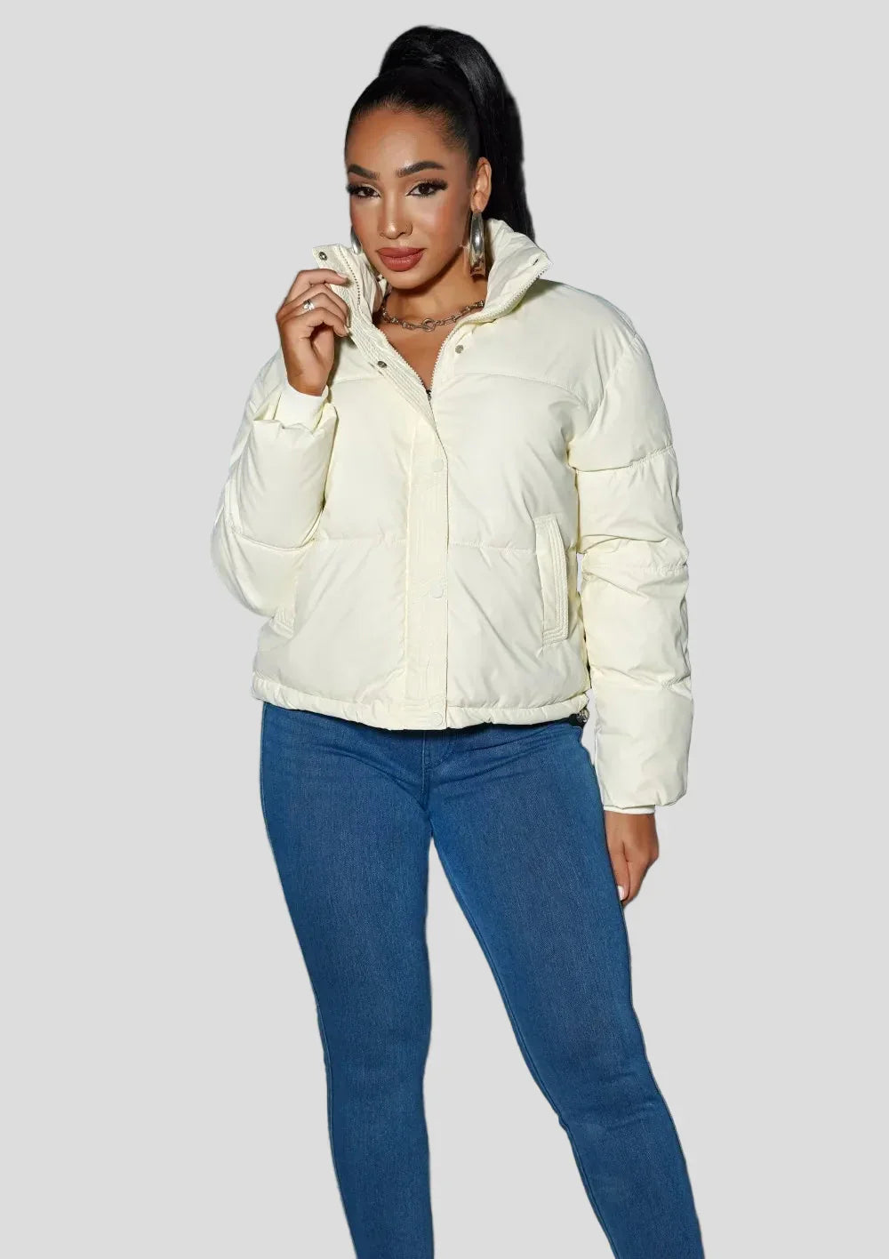 Short puffer jacket with stand-up collar