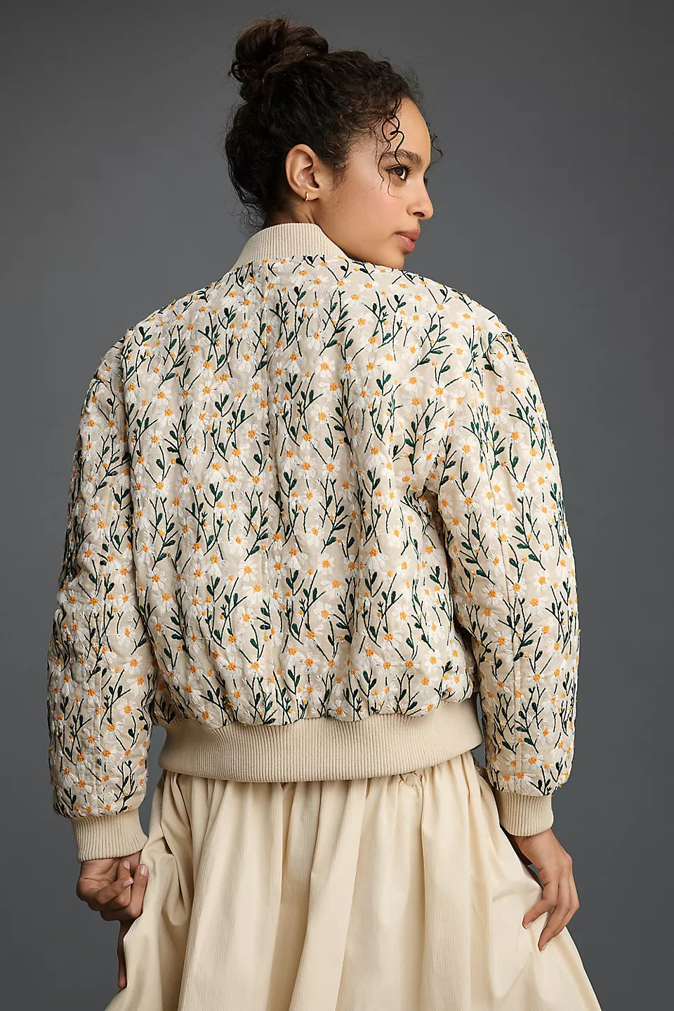 Beige floral quilted bomber jacket