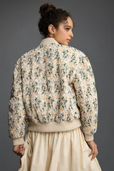 Beige floral quilted bomber jacket