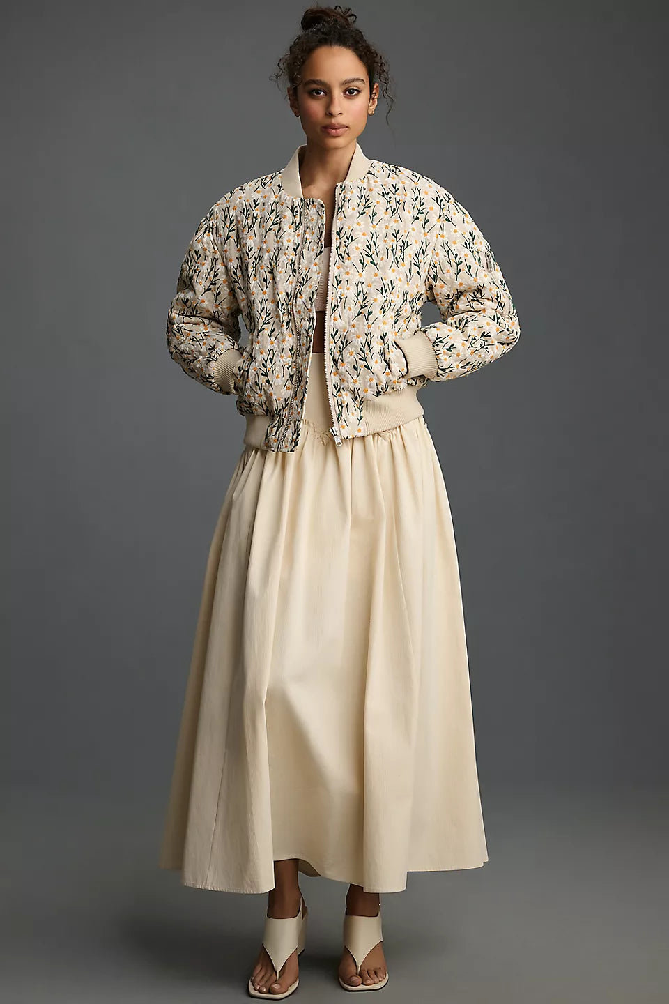 Beige floral quilted bomber jacket