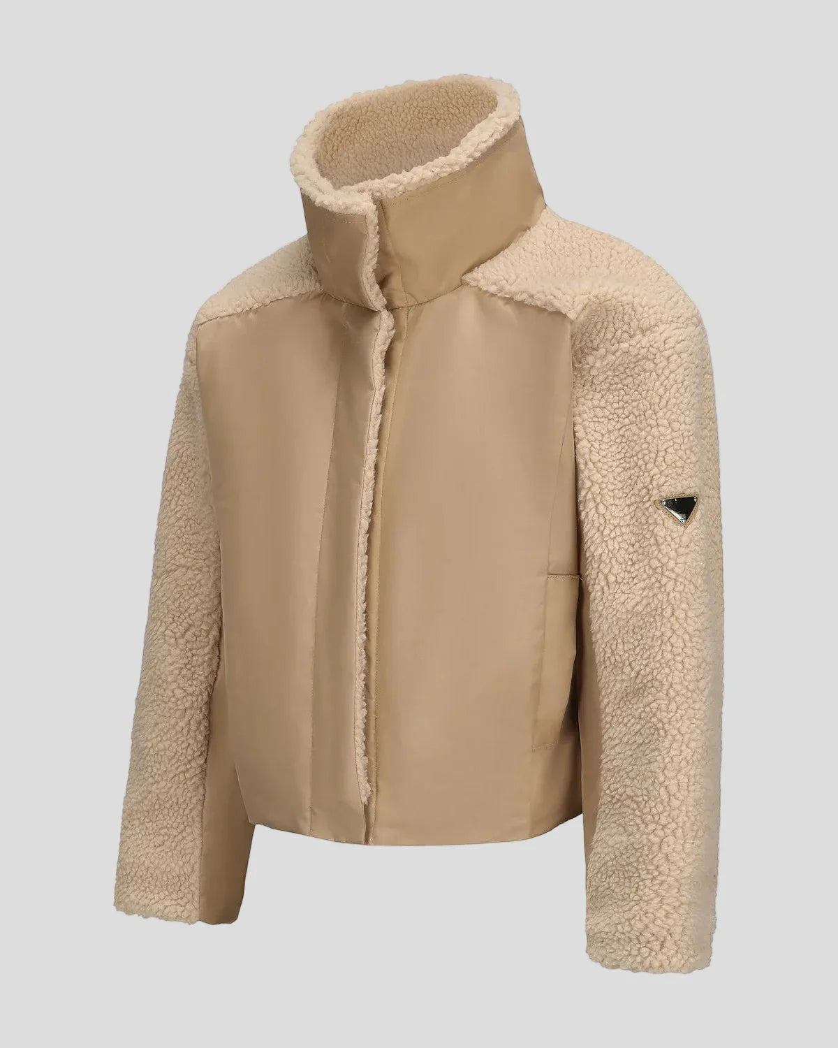 Puffer jacket with high collar and textured sleeves - drawstring at hem