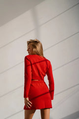Red knit set with crop top and skirt