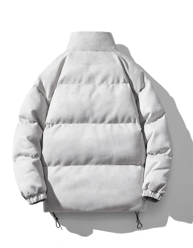 Short puffer jacket with stand-up collar and drawstring at the hem