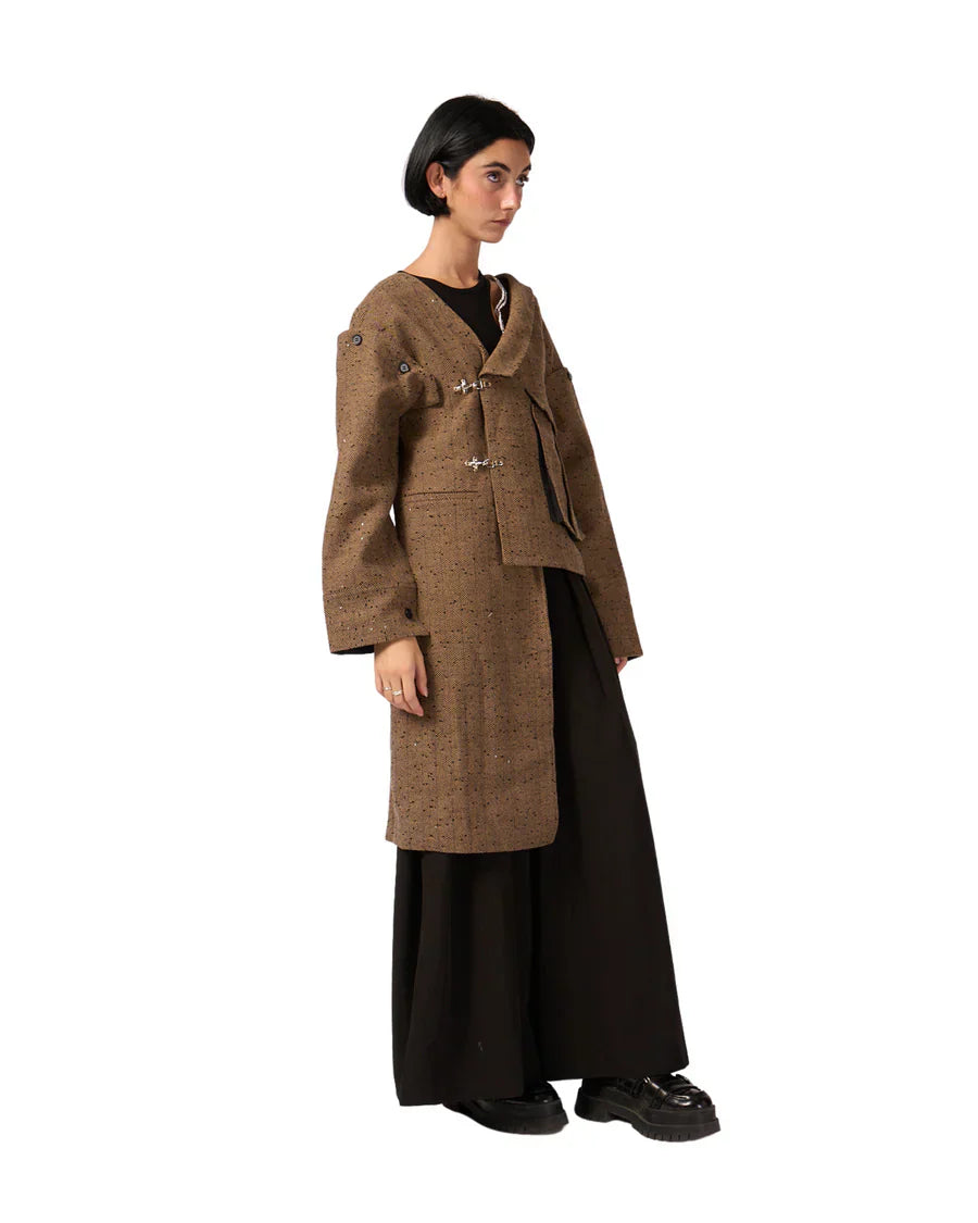 Brown asymmetrical long coat with large pocket