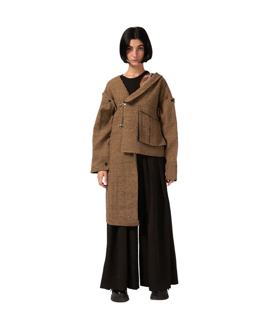 Brown asymmetrical long coat with large pocket