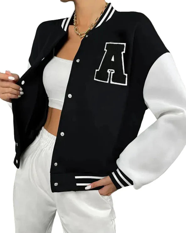 Black and white varsity jacket with letter patch