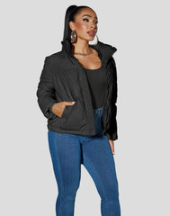 Short puffer jacket with stand-up collar