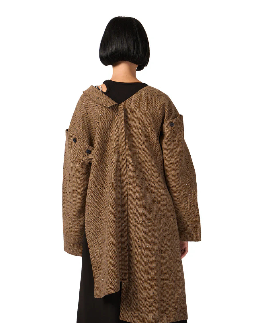 Brown asymmetrical long coat with large pocket