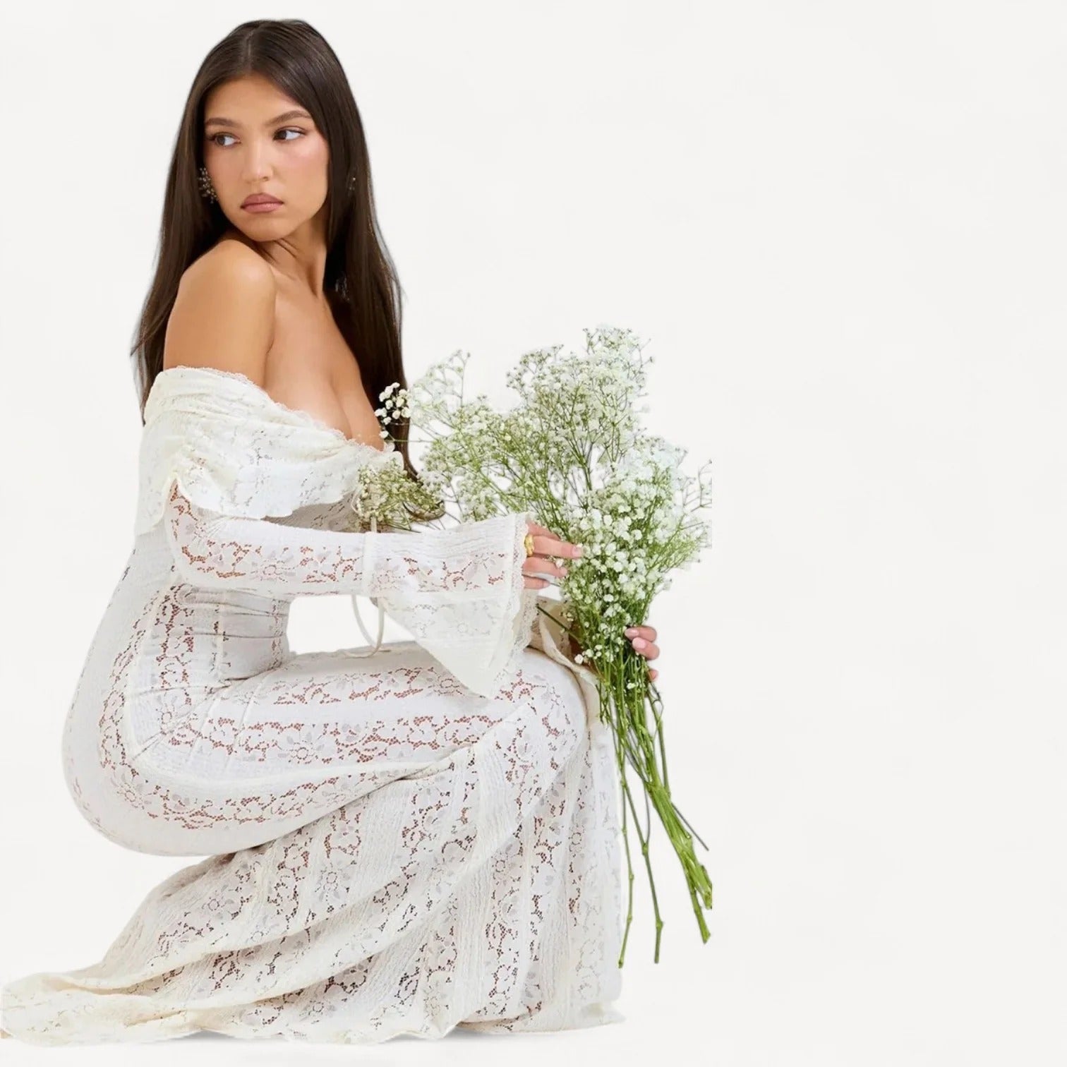 White long dress with floral lace