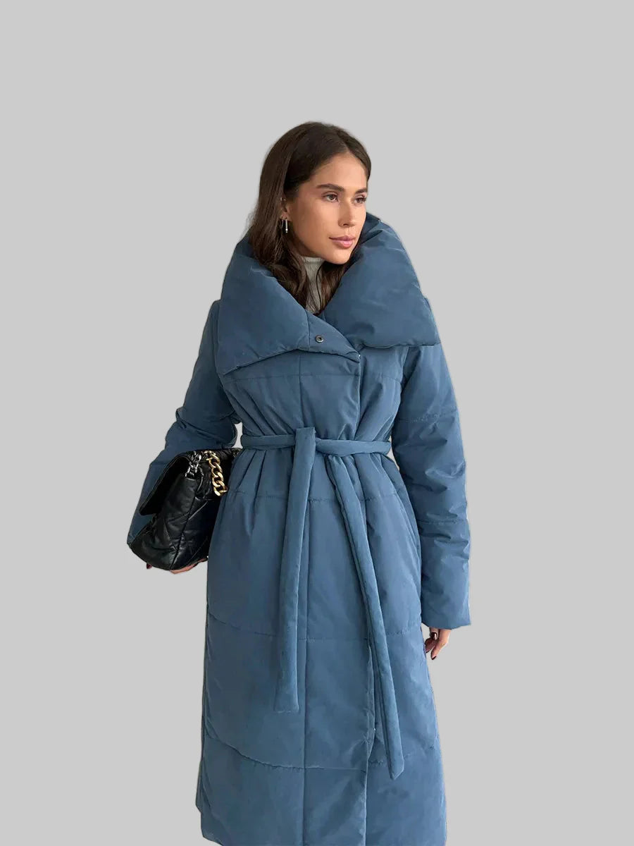 Long wrap puffer coat with belt and large shawl collar