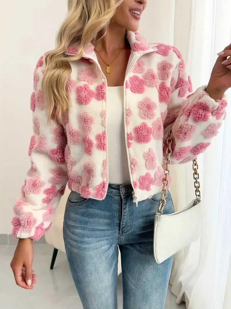 Floral short teddy jacket with zipper
