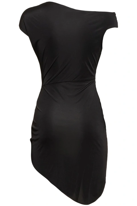 Black asymmetrical mini dress with pink appliqués and straps