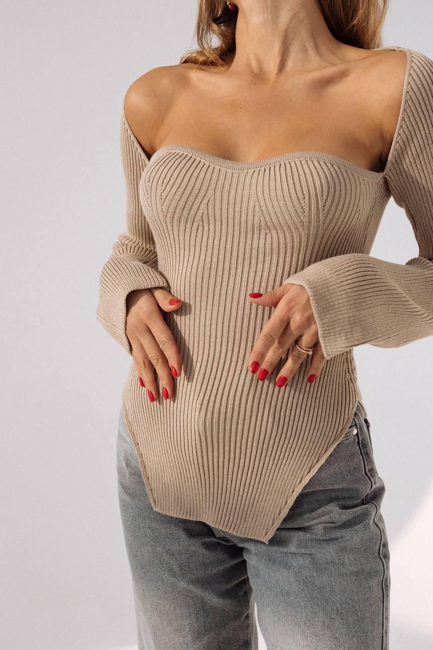 Strapless ribbed top with flared sleeves