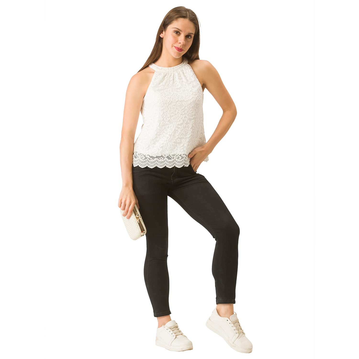 White lace halter top with rounded hem